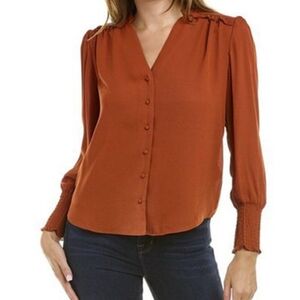 NWT Nanette Lepore Rust Orange V neck button down blouse with smocked cuffs.